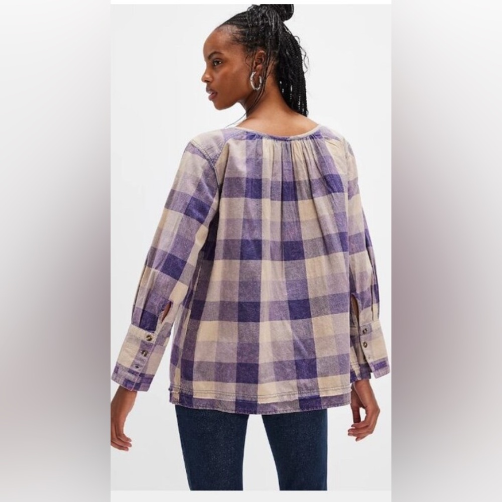 Free People We The Free Big Bow Plaid Pullover. NWT. Charcoal combo - Picture 3 of 3